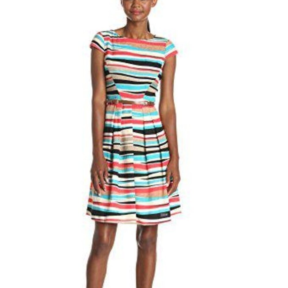 ANNE KLEIN Colorful Striped Fit Flare Dress 14 LARGE Bold Office Pleated